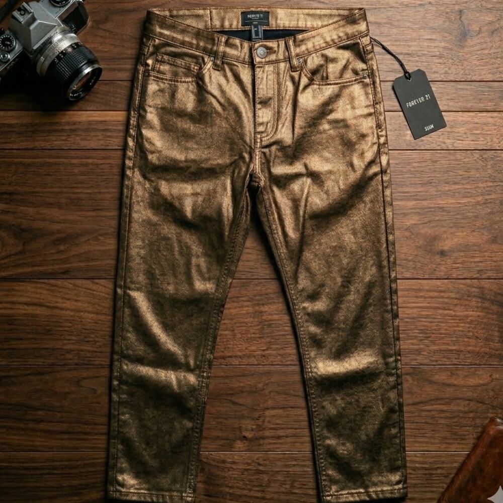 NWT Forever 21 Men's Metallic Bronze Copper Slim Fit Jeans Size 30 Rockstar Rave